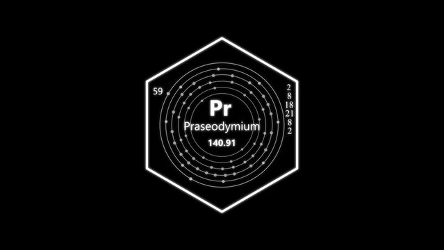 Praseodymium symbol with atomic number, electron shell configuration, and mass in a white hexagonal frame on black