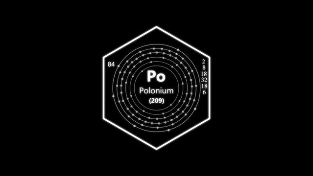 Polonium atom diagram with electron shell configuration, atomic number 84 and mass 209 in a white hexagonal border on black background
