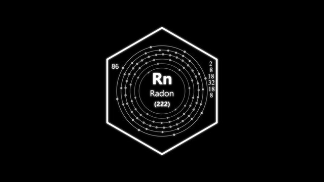 Radon symbol with atomic structure, hexagonal frame and electron shell diagram on black background