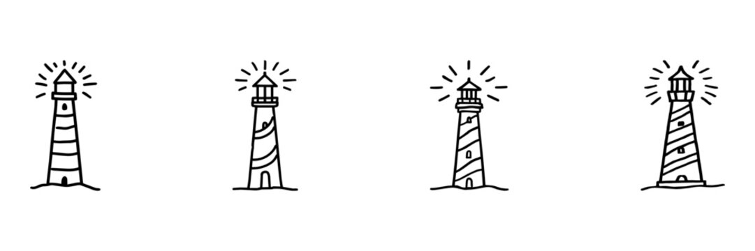 Lighthouse Hand Drawn Doodle Icon Set. Coastal Navigation, Beacon, Warning And Seaside Guidance Sketch Symbol Collection. Travel And Maritime. Isolated Vector Illustration