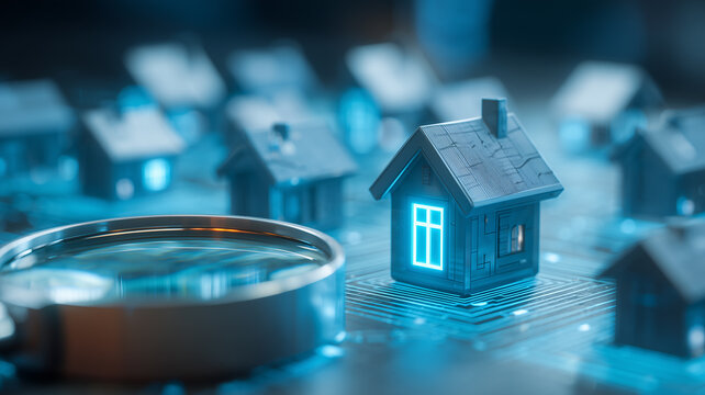 A magnifying glass beside a connected model house depicts smart property inspection

