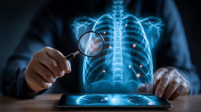 A doctor examining a chest X ray with a magnifying glass and highlighted lung lesions depicts medical screening, symbolizing early disease detection and diagnostic analysis.
