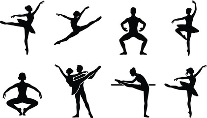 Set of professional ballet dancers and classical ballerina performance black vector silhouettes isolated on white background © Robiul