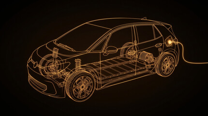 Naklejka premium Digital wireframe illustration of an electric vehicle charging with internal components visible.