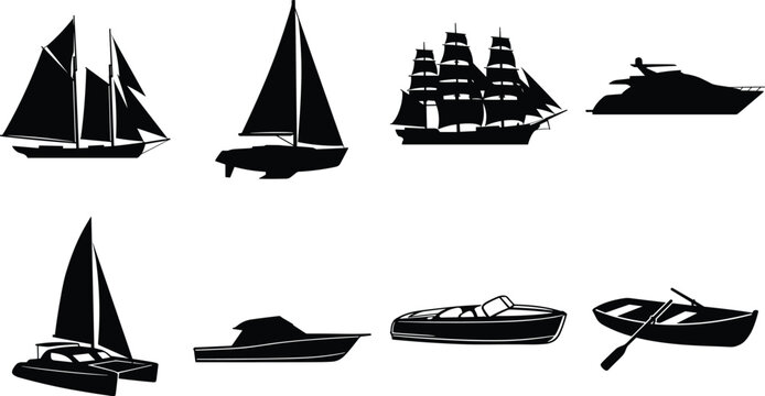 Ships and boats black silhouettes set featuring sailboat tall ship motor yacht catamaran speed boat rowboat vector illustration