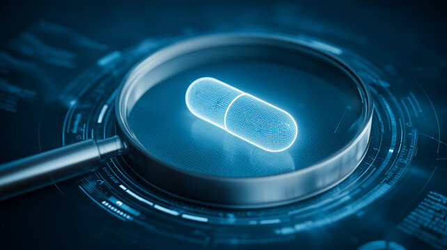 A magnifying glass examining a digital capsule depicts pharmaceutical technology, representing drug analysis, medication safety, clinical research, and future healthcare innovation.
