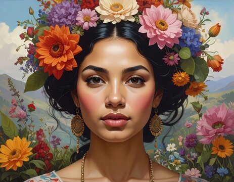 Portrait of a woman with a vibrant flower crown, pink cheeks, and floral earrings. A joyful, idyllic beauty
