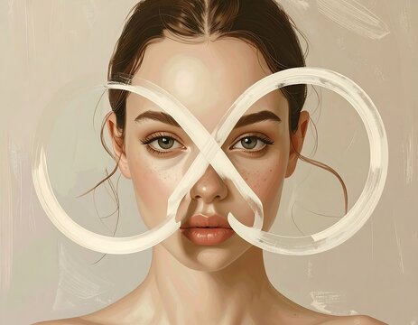 Portrait of a woman with an infinity symbol overlaid. Soft lighting emphasizes natural beauty and delicate features. Beige tones