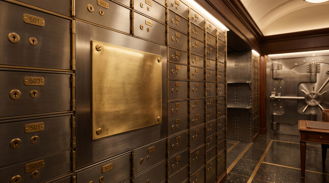 Secure Vault: Rows of individual safe deposit boxes line the walls of a secure bank vault, highlighting the safety and privacy of stored valuables.