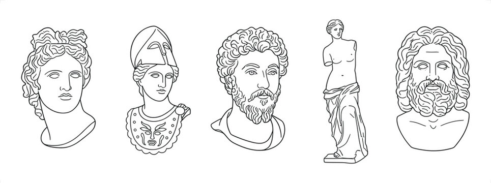 Ancient Greek Roman sculpture busts and statues in linear style for historical design elements