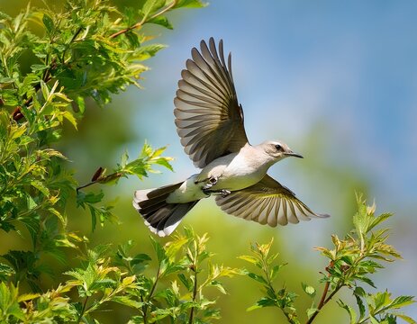 northern mockingbird flying near green leaves in spring