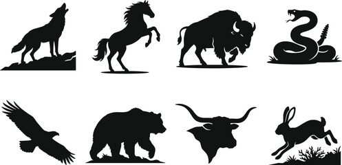 Wild animals of North America silhouette icon set featuring black vector shapes of wolf horse bison snake eagle bear longhorn jackrabbit © Robiul