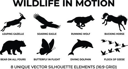 Wildlife in motion black silhouette icons set featuring leaping gazelle soaring eagle running wolf horse bear butterfly dolphin and geese © Robiul