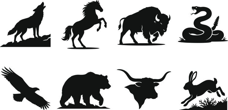 Wild animals of North America silhouette icon set featuring black vector shapes of wolf horse bison snake eagle bear longhorn jackrabbit