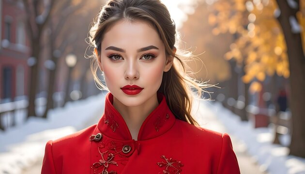 Portrait of a woman with auburn hair and red lipstick, wearing a vibrant red coat, standing in snow. Sunlit winter street background