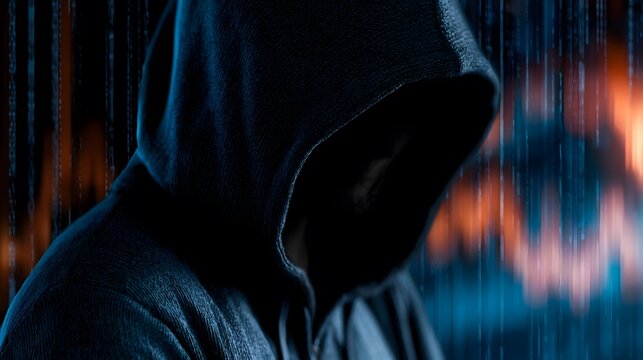 Anonymous Hooded Hacker with Digital Cyber Threat Background for Cybersecurity Risk Concept