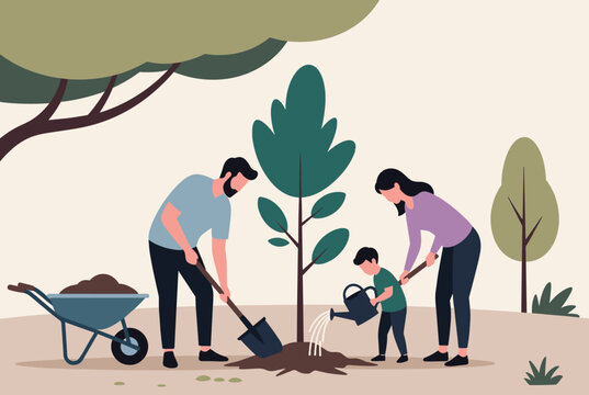 Happy young family volunteering together to plant and water a new green tree in a beautiful suburban public park.