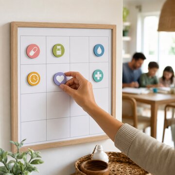 Close up of a family medication schedule with colorful reminder icons on a blank planner board