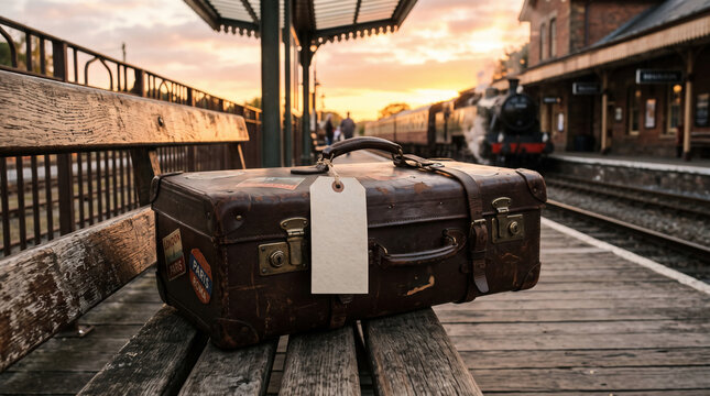 Vintage Suitcase at Train Station: A classic, well-traveled suitcase rests on a wooden bench at a picturesque train station.