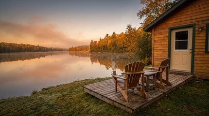 Fototapeta premium Wooden chairs facing foggy autumn lake view from rustic cabin deck during calm morning sunrise with misty lake surrounded vibrant autumn trees sunrise