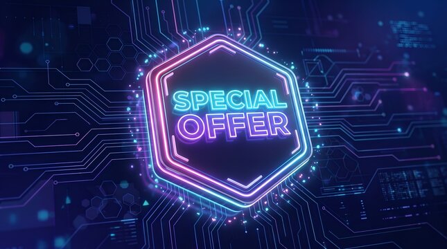 Neon special offer badge on digital background. Cyberpunk discount sign for marketing.