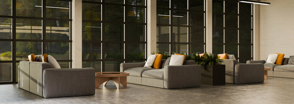 3D Illustration of Modern Office Workplace Lobby Lounge with Sectional Sofas, Floor to Ceiling Windows and Indoor Plants