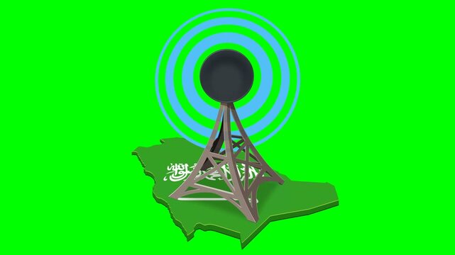 Telecommunications, network coverage, and broadcasting concept with antenna over Saudi Arabia map. Chroma key green screen with alpha channel. (loopable)