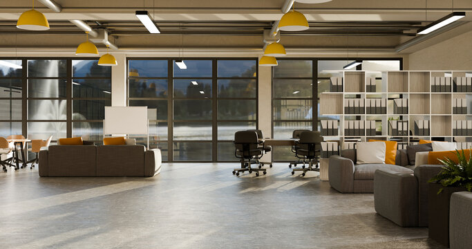 3D Illustration of Modern Open Plan Office Workplace Interior with Yellow Pendant Lights and Lounge Seating