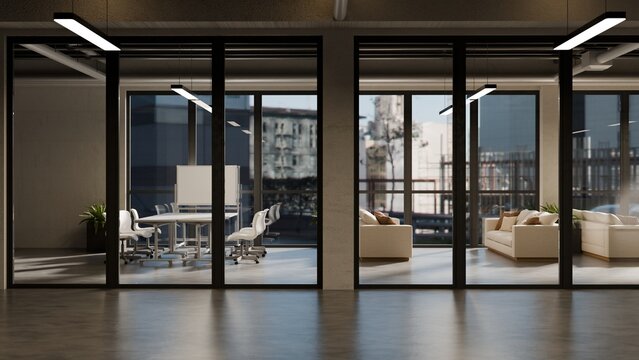 3D Illustration of Modern Open Office Workplace with Glass Partition Rooms and City View