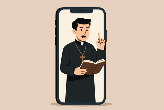 Catholic priest delivering an online sermon from a smartphone screen, holding a bible and raising his finger in a virtual lecture.