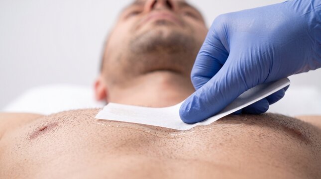 Esthetician waxing chest hair of a man in a beauty salon. Professional body hair removal procedure using wax strip for skin care treatment.