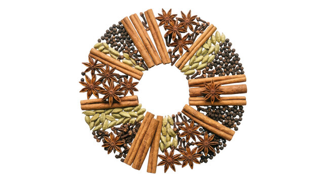 A circular wreath made of aromatic cinnamon sticks and star anise spices arranged in a festive holiday pattern