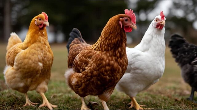 Four colorful hens walking on a grassy field in a free-range poultry farm