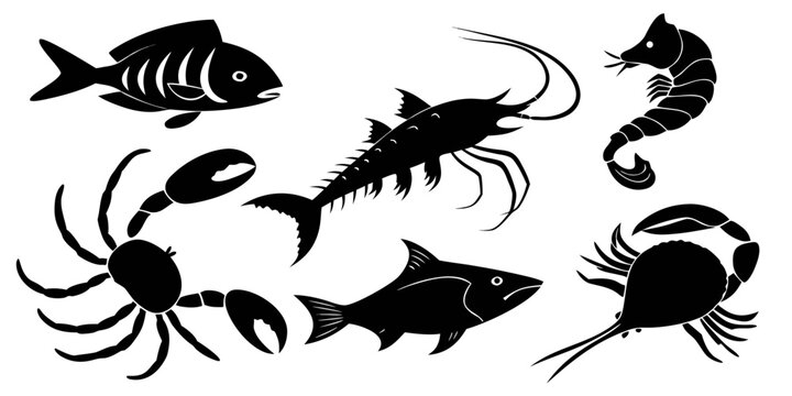 Black aquatic pet silhouettes, isolated fish shapes black fish aquatic pets isolated silhouettes