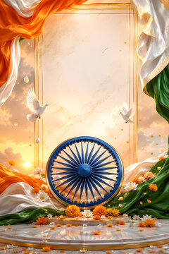 Concept for India independence day with with Ashoka wheel and pigeon fly, 15th of august.