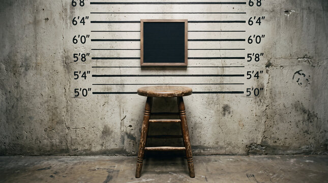 Criminal Lineup Room: An empty stool sits before a concrete wall with height markings and a blank slate, evoking a sense of mystery and suspense.