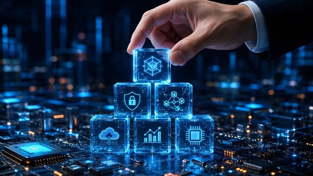 Business Hand Placing AI Technology Cube on Digital Blocks Representing Artificial Intelligence, Cloud Computing and Innovation