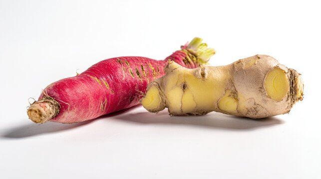 Fresh radish and ginger root on white background food photography