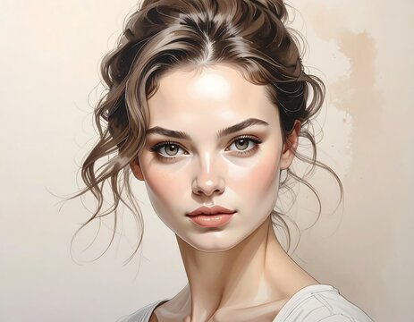 Portrait of a woman with curly brown hair styled in a bun, subtle makeup, and a soft, neutral background