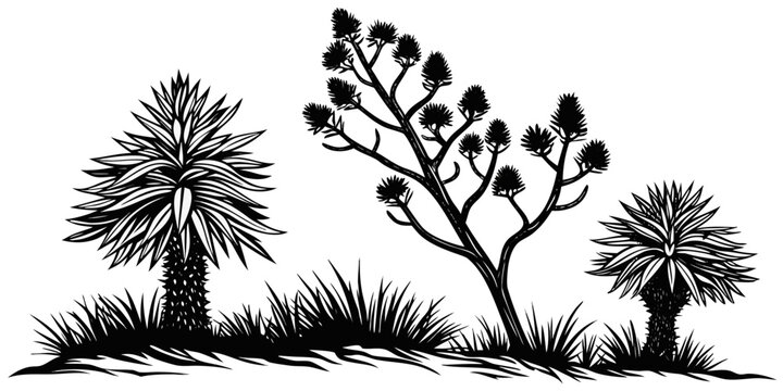 Black desert plants silhouettes against sandy horizon, isolated cacti yucca agave