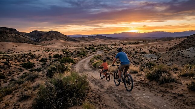 Father and son mountain biking on a desert trail during sunset