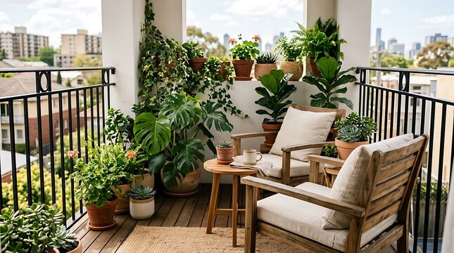 Cozy urban balcony garden with lush green potted plants and chairs