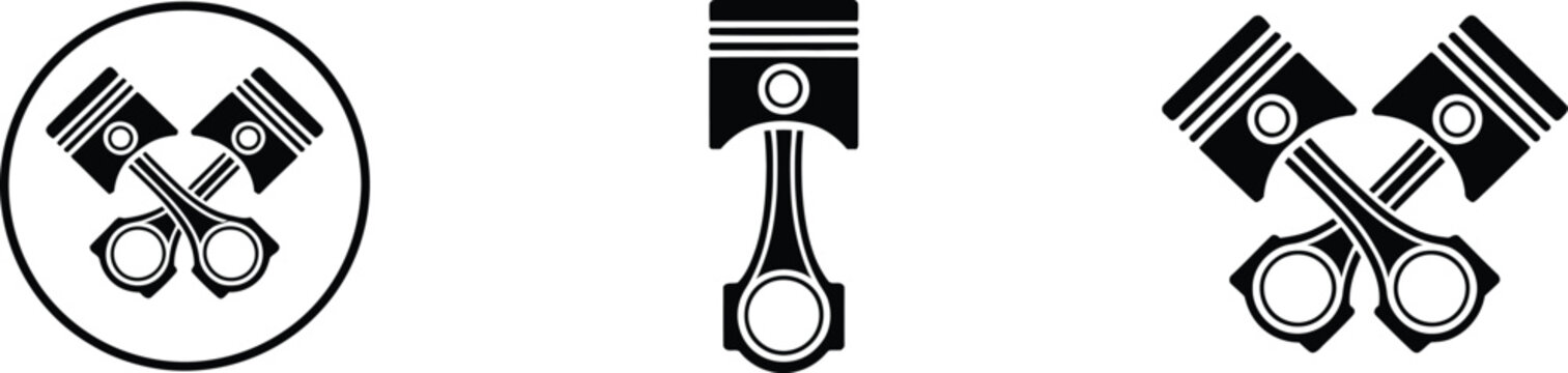 Engine piston symbols, automotive machinery components, mechanical parts, motor technology, industrial equipment, vehicle repair, black and white vector design.