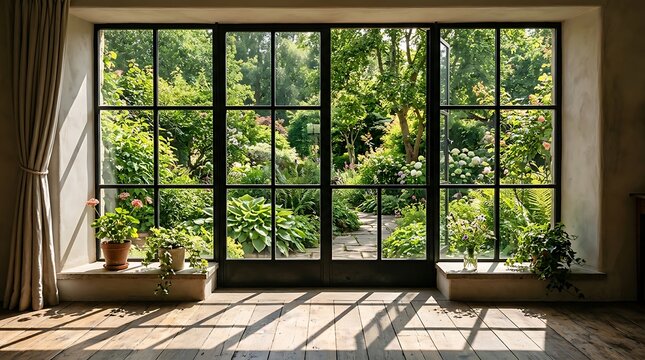 View through large black windows into a lush sunlit garden
