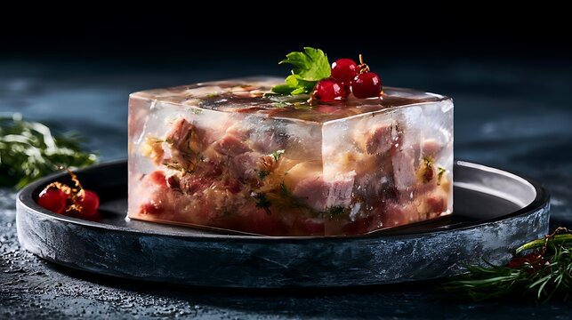 Traditional Russian kholodets meat aspic. Gourmet savory jelly dish served on a dark plate.