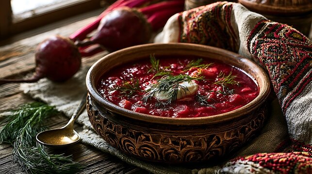 Traditional Russian borscht soup in ceramic bowl. Beetroot vegetable soup with sour cream.