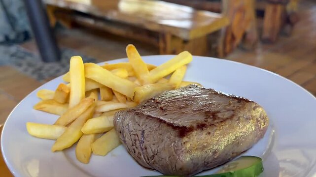 plate of grilled steak with french fries and cucumber slices