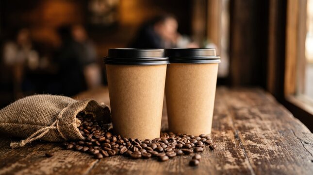 Freshly Brewed Coffee Cups on Wooden Table in Cozy Caf&eacute; Setting