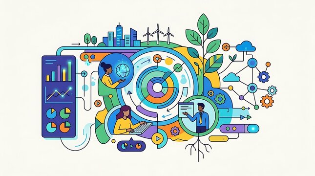 Business professionals managing sustainable technology and data analytics