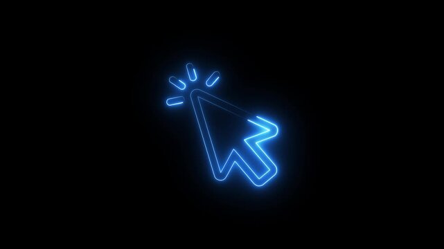 Neon blue arrow cursor pulsing with light effect on black background.